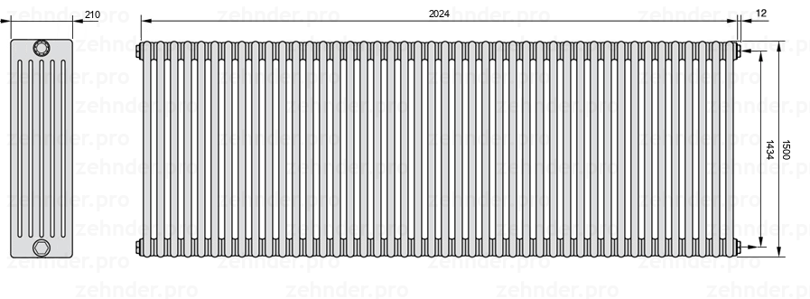 Схема (чертеж) Радиатор Zehnder Charleston 6150/44 №7610 Белый глянцевый RAL 9016